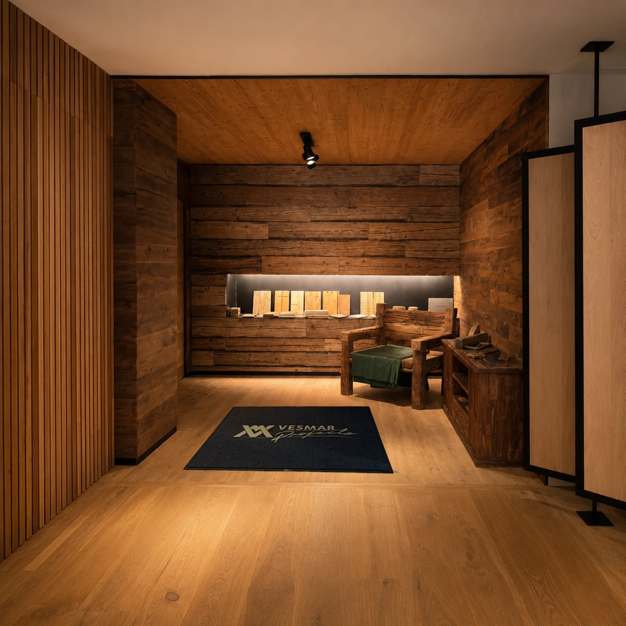 Showroom Vesmar Luxury con madera natural y ambiente cálido.