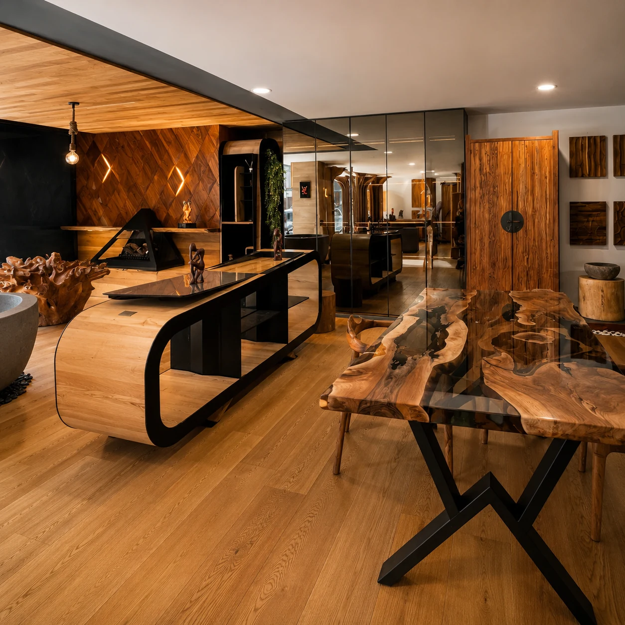 Mesa escultórica de madera y piezas de diseño.