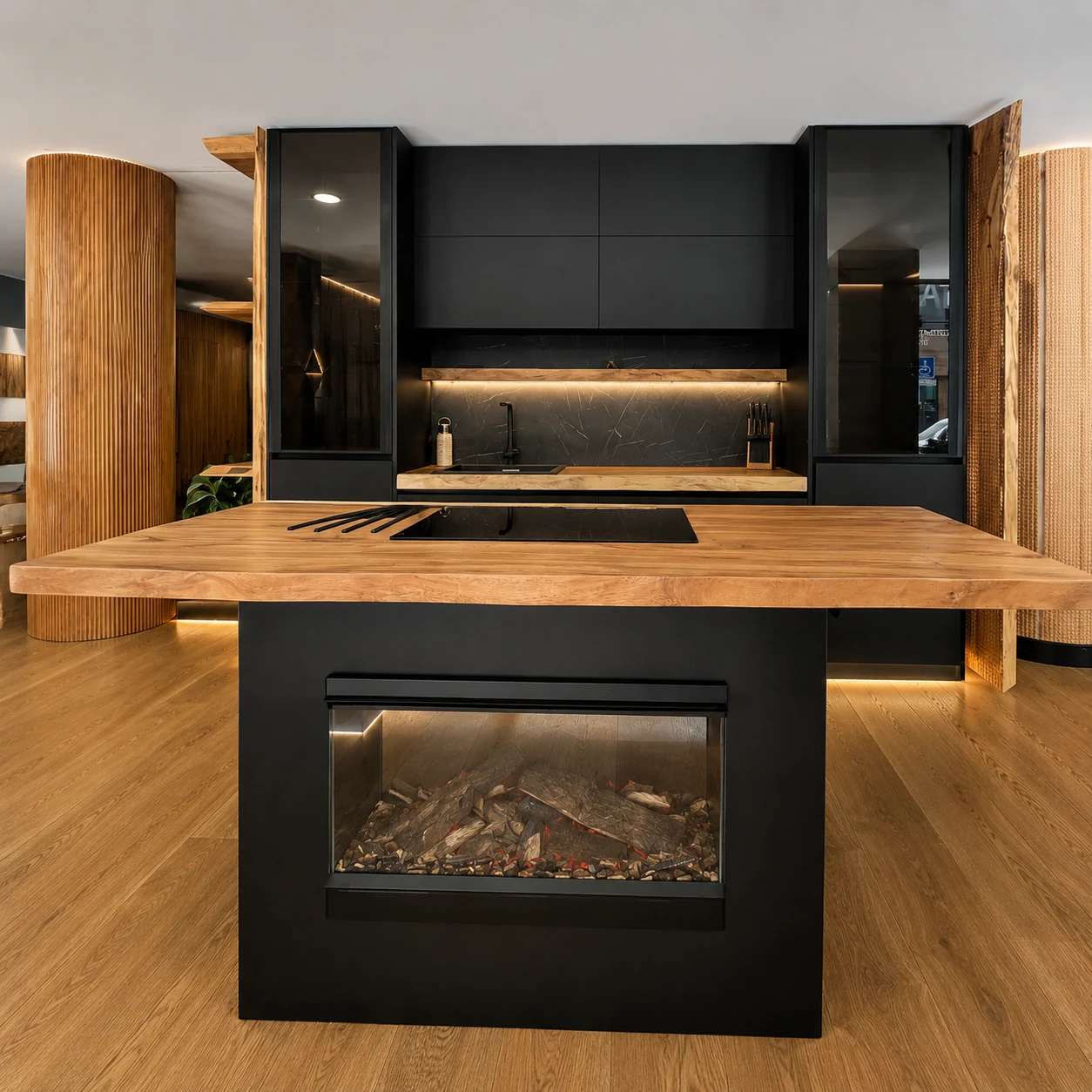 Cocina y mobiliario integrado con acabados oscuros y madera.